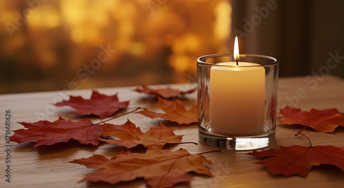 autumn still life, Lit Candle with Red Maple Leaves on Wood in Cozy Fall Ambiance