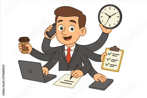 Multi-tasking business man with multiple arms juggling work tasks, holding coffee, phone, laptop, clock, checklist, productivity and time management concept, busy office worker vector illustration