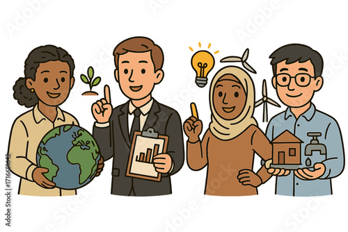 Diverse group of people collaborating on sustainable development and renewable energy solutions, environmental conservation, eco-friendly technology, and water management, vector cartoon illustration