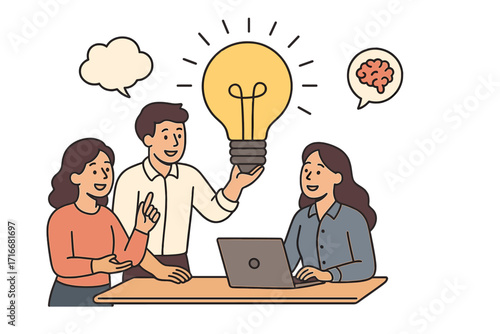 Welcome on board teamwork concept illustration with diverse people collaborating, brainstorming ideas, laptop work, light bulb symbol for innovation and creativity, modern office scene