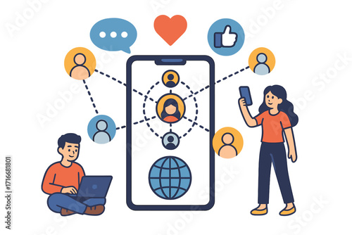 Social media marketing concept. People using smartphone and laptop for digital communication and online networking. Global connection, community, and engagement vector illustration.