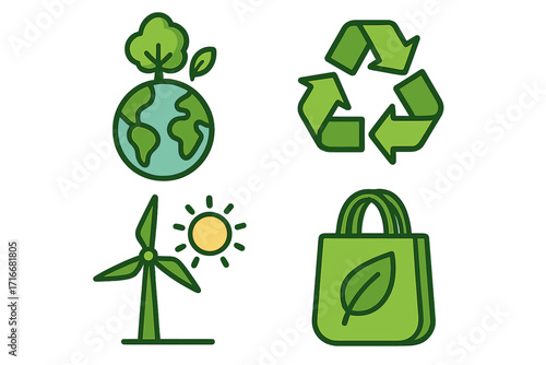 Eco-friendly icons set for sustainability and conservation. Includes recycle symbol, renewable energy with wind turbine and sun, green planet Earth, and zero waste reusable bag.