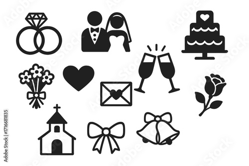 Wedding icon set for marriage celebration. Love story symbols collection with bride and groom, ring, cake, church, heart, bells. Vector glyph silhouette for invitation decor.