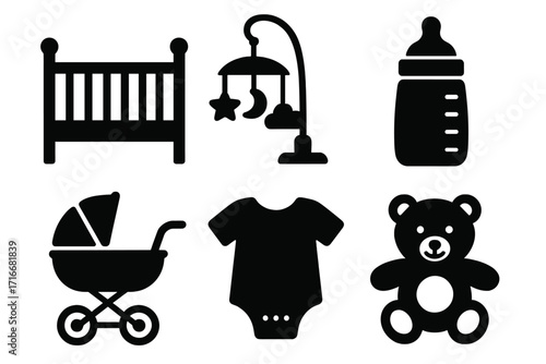 Baby nursery essentials icon set. Vector graphic silhouette collection of newborn items. Includes crib, stroller, bottle, baby mobile, teddy bear, and a onesie for childcare.