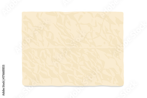 Crumpled ecru paper texture vector background. Wrinkled kraft paper, vintage parchment. Abstract light page with creased cardboard texture. Folded empty rice paper template.