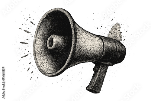 Realistic Dotted Vector Collage of Loudspeaker Megaphone, Grunge Style for Announcing Promotions and Events, Retro Poster Element, Stylish Modern Advertising Design, Vector Illustration