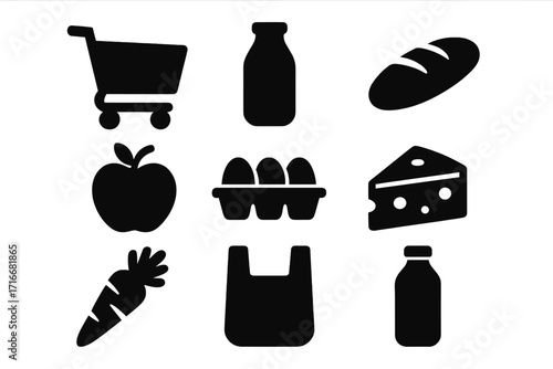 Grocery store icon set. Food shopping essentials like cart, milk, bread, apple, eggs, cheese, carrot, bag. Simple black silhouette pictogram collection for supermarket.