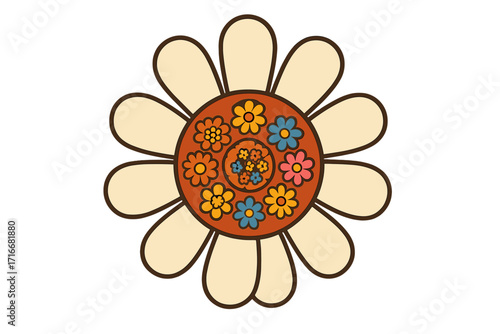 Flower child seventies retro flower power groovy print. Hippie boho daisy chamomile illustration. Vintage 60s 70s floral graphic design element for t-shirt, sticker, poster.