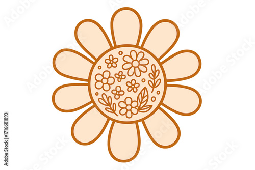 Groovy daisy flower in seventies retro style. Hippie flower power graphic with floral folk pattern. Vintage print for t-shirt or sticker. Cute simple flower child vector.