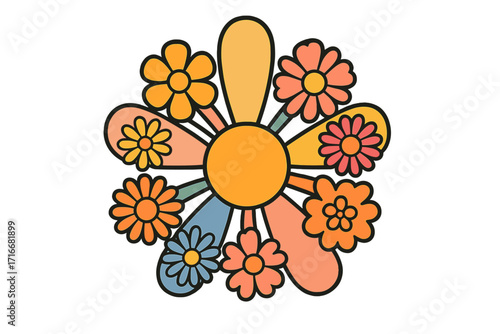 Groovy flower power 70s retro floral print. Hippie psychedelic flowers in daisy shape. Vintage sixties seventies vector illustration. T-shirt sticker design concept. Cute.