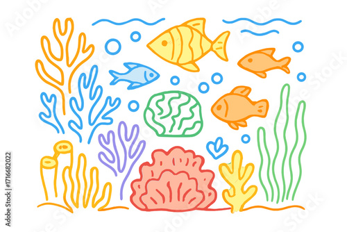 Underwater natural ornate composition with swimming fish and reef corals. Hand drawn doodle sketch. Colorful contour line vector cartoon illustration for kids book or print.