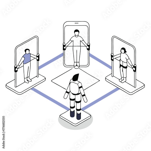 Four people using smartphones to interact with a central avatar in a virtual reality setting symboli