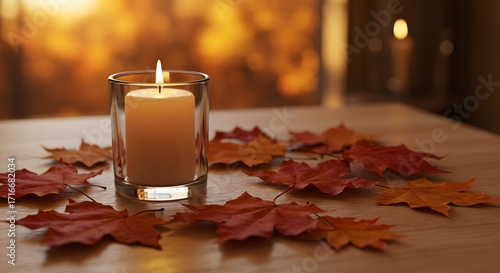 Lit Candle with Red Maple Leaves on Wood in Cozy Fall Ambiance