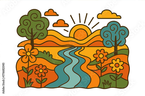 Groovy retro 70s landscape with river, sun and flowers. Hippie nature scene with abstract trees and hills. Psychedelic vintage summer background vector contour illustration.