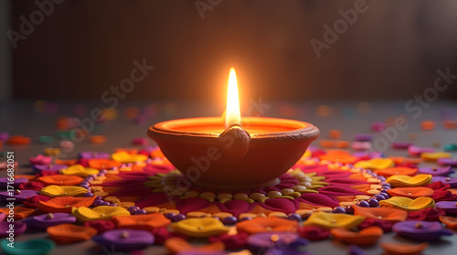 Colorful earthen diya with close-up focus