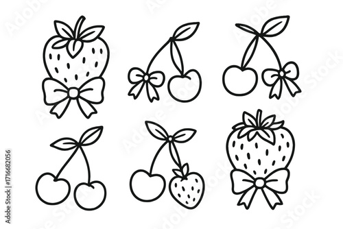 Coquette aesthetic doodle set with hand-drawn strawberry and cherry icons with bows. Cute simple fruit and berry vector line art. Feminine summer clipart illustration.