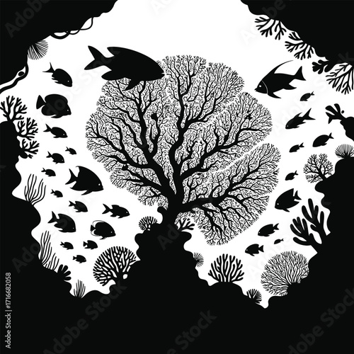Underwater Coral Reef Silhouette Illustration Isolated Vector Art with Fish and Cave