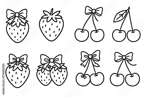 Coquette strawberry and cherry icon set. Cute hand-drawn doodle outline illustration. Girly Y2K aesthetic fruit with bows. Vector linear graphic elements for design.