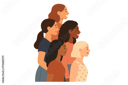 Diverse group of happy women standing together. Concept of sisterhood, friendship and feminism. Multi-ethnic team, female empowerment and unity. Flat vector illustration.