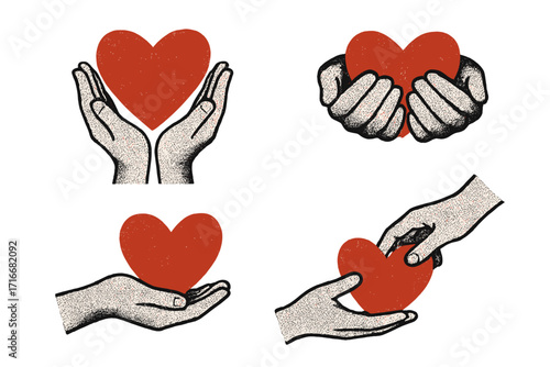 Set of vintage halftone hands holding textured red hearts, grunge collage and cut-out paper zine style elements, Valentine’s Day love gift, donate, support, charity concept vector