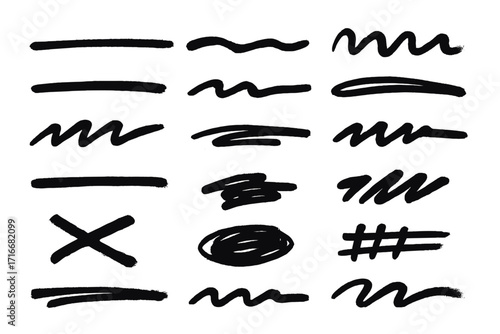 Hand drawn urban graffiti underlines and scribbles collection. Vector sprayed squiggle grunge set. Isolated rough strokes, street art elements for design and emphasis.