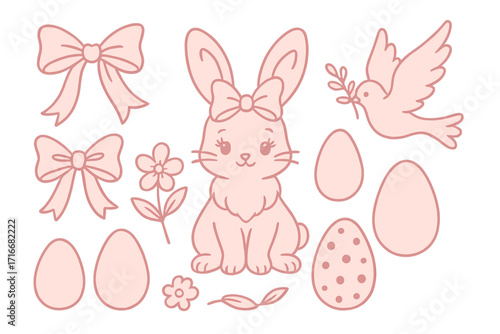 Cute hand-drawn Easter doodle elements in coquette style with pink bunny, bows, ribbons, flowers, dove with olive branch, decorated eggs, cottagecore vintage whimsy