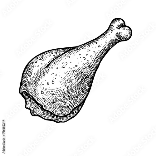 Detailed black and white illustration of a chicken drumstick on white background with copy space