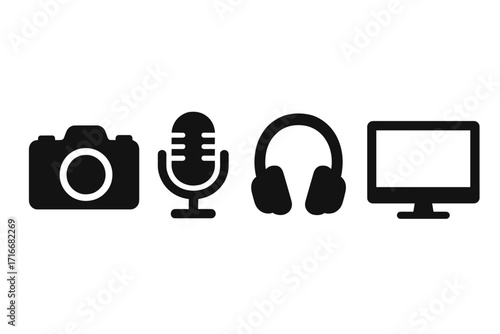 Media equipment icons set. Camera, microphone, headphones, screen silhouettes. Vector illustration for content creator, streaming, podcast, vlogging, video, and audio.