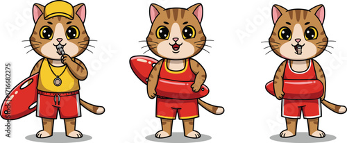 Cartoon lifeguard cat character with rescue float and whistle, cute animal illustration for summer beach safety, funny swimming mascot design
