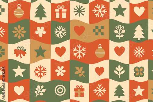 Merry Christmas retro seamless pattern. Checkered geometric wavy background with minimal holiday icons. Decorative ornamental mosaic vector for gift wrap or festive wallpaper.