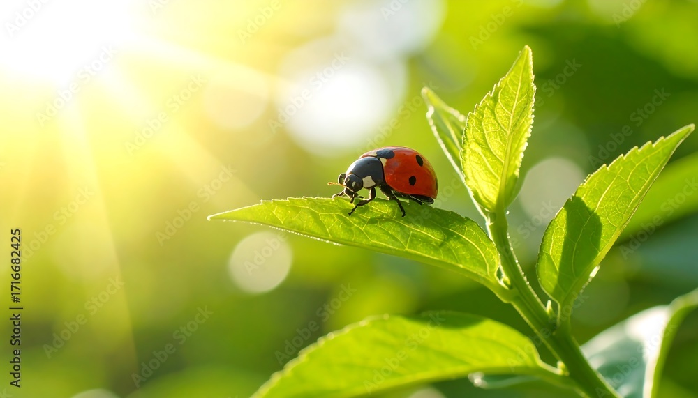 Obraz premium Ladybug on a sunlit leaf
