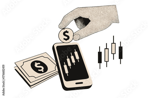 Stock trading metaphor, online investment concept. Hand puts dollar coin in phone. Financial technology, mobile banking app. Candlestick chart, money growth. Finance banner.