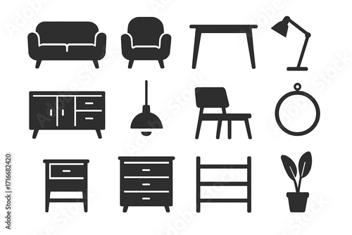 Minimalist home furniture silhouette icons set. Modern simple vector collection for interior design. Household graphic elements including sofa, chair, table, lamp, decor symbols.