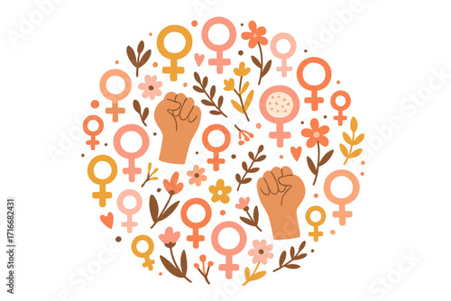Girl power vector concept with female symbol and raised fist. Feminism hand drawn flat doodle illustration. Women's rights protest art in a round floral composition.