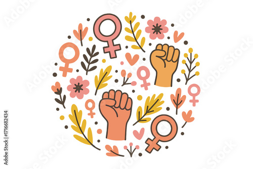 Girl power and feminism concept in a round composition. Hand drawn vector illustration with raised fist, female symbols and flowers. Women's rights, empowerment, and equality.