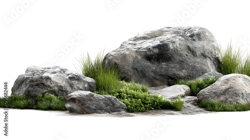 A cluster of large rocks surrounded by green grass and small plants, creating a natural landscape scene