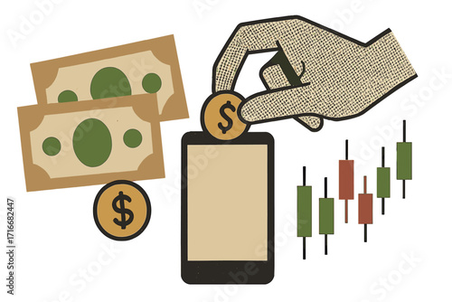 Hand investing money online. Stock trading metaphor. Minimalist collage with halftone style. Finance composition with money, phone and candlesticks graph. Mobile banking concept.