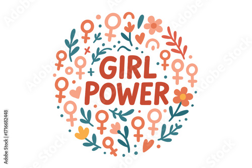 Girl Power vector hand-drawn lettering with female symbols. Feminism round composition. Women's rights and equality empowerment graphic concept with flowers and doodle elements.
