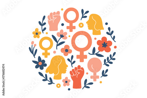 Girl power vector illustration. Feminism round composition with female symbols, raised fist, flowers. Women's rights, empowerment, equality, and sisterhood concept design.