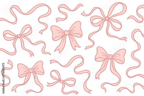 Coquette aesthetic pink bows and ribbons set. Hand drawn vector illustration of girly bowknots. Cute vintage romantic doodle for decoration, wrapping paper or fabric print.