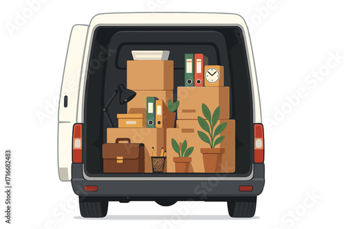 Corporate moving service concept. Open trunk of the truck with stacks of office things in cardboard boxes. Business relocation. Unloading or loading cargo van for a new office.