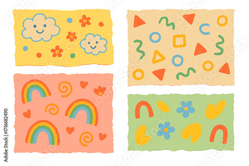 Set of colorful torn papers with playful childish patterns, bright pastel collage with rainbows, flowers, clouds, hearts, geometric shapes, and ripped paper texture backgrounds for fun design