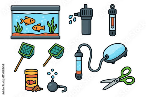 Aquarium equipment icon set for fish care and tank maintenance. Vector cartoon illustration of essentials like filter, heater, net, food, and air pump. Aquascape accessories for pet fish hobby.