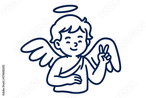 Cute angel character with peace sign. Good vibes only slogan concept. Cartoon cherub with halo and wings. Heavenly, spiritual, and positive emotion symbol. Line art vector.