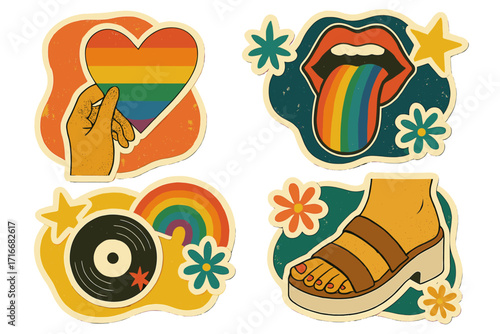 Pride month groovy vintage collage sticker set. Retro 70s LGBTQ rainbow flag heart, mouth, vinyl record. Hippie funky pop art illustration. Halftone texture print design.
