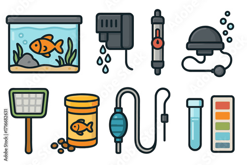 Aquarium equipment icon set for fish care and maintenance. Vector cartoon illustration of fishkeeping essentials like tank, filter, heater, food, net, and water test kit.