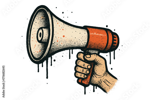 Vintage spray painted megaphone in human hand, graffiti style loudspeaker illustration, hand-drawn vector cartoon with grunge texture isolated on white background loudspeaker concept