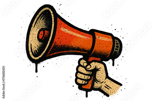 Vintage spray painted graffiti megaphone in hand, loudspeaker illustration, retro street art style, hand-drawn vector cartoon isolated on white background, communication concept