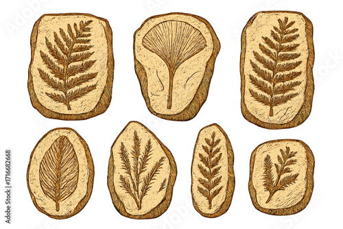 Set of prehistoric plant fossils. Ancient fern, ginkgo leaf imprints on stone. Paleontology vector illustration collection in vintage engraving style. Evolution concept.