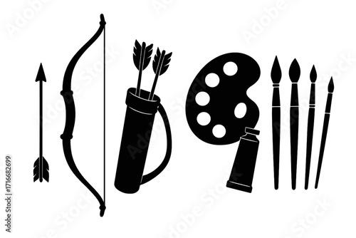 Silhouette icon set of archery sport and art hobby. Vector collection showing contrast between creative and precision skills. Bow, arrow, quiver, artist palette, brushes.